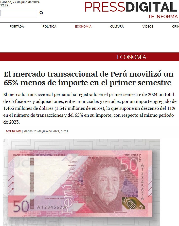 El mercado transaccional de Per moviliz un 65% menos de importe en el primer semestre